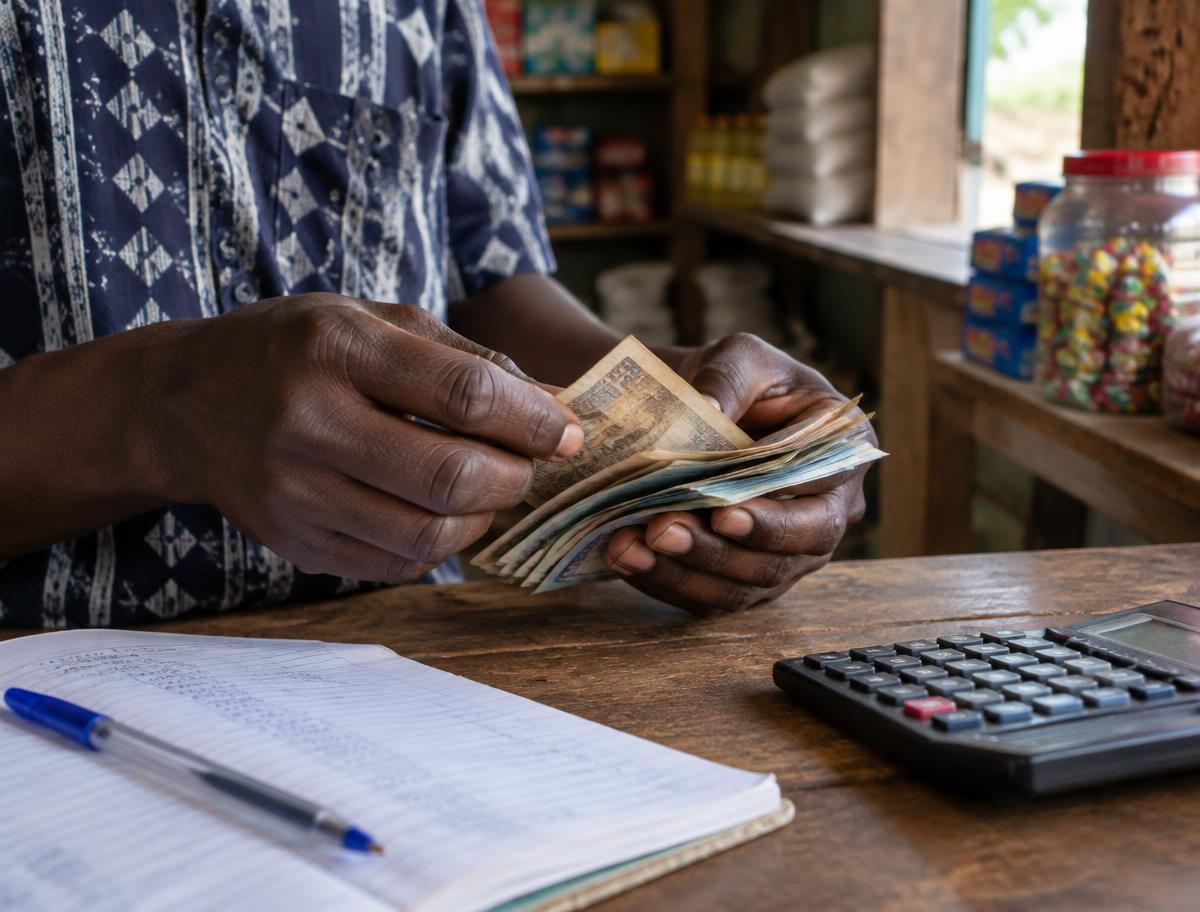 Mãos a contar dinheiro numa pequena loja ao lado de um caderno e uma calculadora